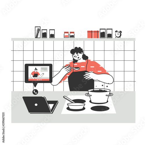 young person, man prepare food at home via laptop or tablet. Spending time in the kitchen, cooking training, hobby. Preparation of homemade meals.
