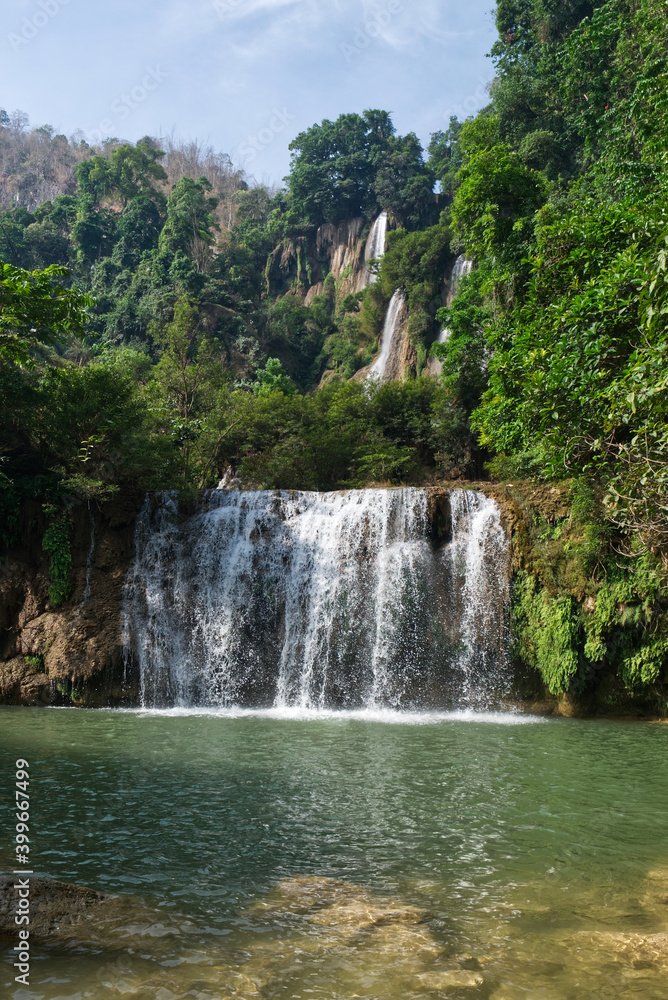 Beautiful Deep Forest Waterfall and River Stream in Thailand.