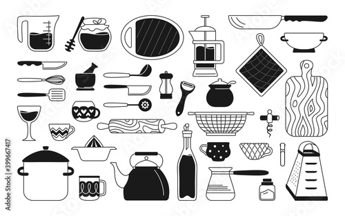 Cookware kitchen tools black monochrome set. Baking tools cartoon dishes, equipments. Hand drawn kitchen utensils flat style, black and white collection. Food preparation Vector illustration on white