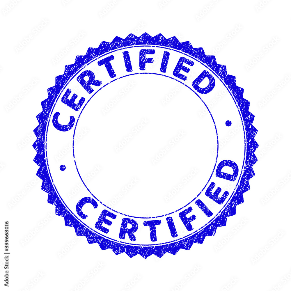 Grunge CERTIFIED round rosette stamp seal. Empty space inside circle. Vector blue rubber watermark of CERTIFIED text inside round rosette. Stamp seal with dirty texture. Grunge CERTIFIED round rosette stamp seal. Empty space inside circle. Vector blue rubber watermark of CERTIFIED text inside round rosette. Stamp seal with dirty texture.