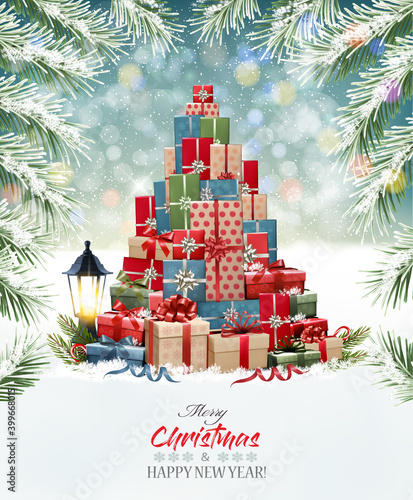 Holiday background with a Christmas tree made out of colorful presents. Vector