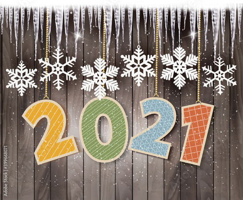 Christmas holiday background with snowflakes and icicles in front of a wooden wall. Vector.