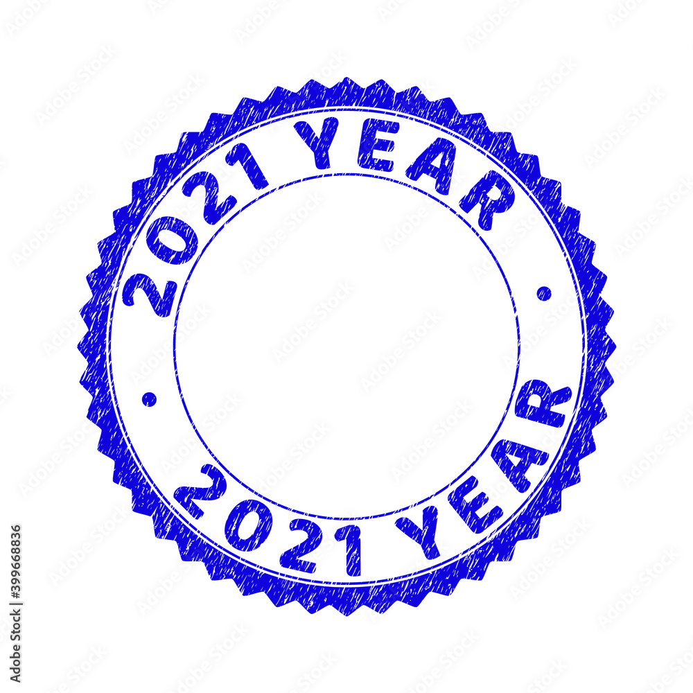 Grunge 2021 YEAR round rosette stamp seal. Copy space inside circle. Vector blue rubber overlay of 2021 YEAR caption inside round rosette. Stamp seal with scratched texture. Grunge 2021 YEAR round rosette stamp seal. Copy space inside circle. Vector blue rubber overlay of 2021 YEAR caption inside round rosette. Stamp seal with scratched texture.