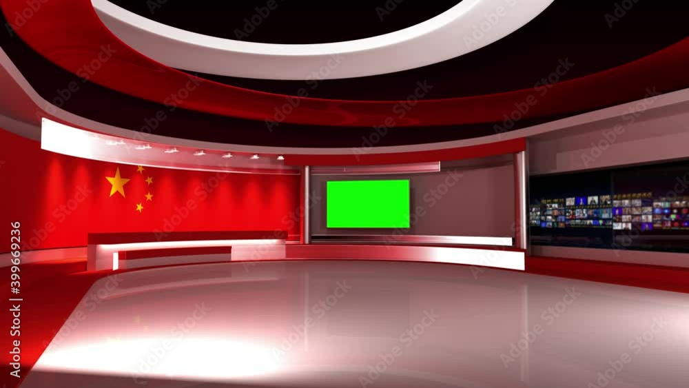 TV studio. Chinese flag background. News studio. Loop animation. Background for any green screen or chroma key video production. 3d render. 3d TV studio. Chinese flag background. News studio. Loop animation. Background for any green screen or chroma key video production. 3d render. 3d