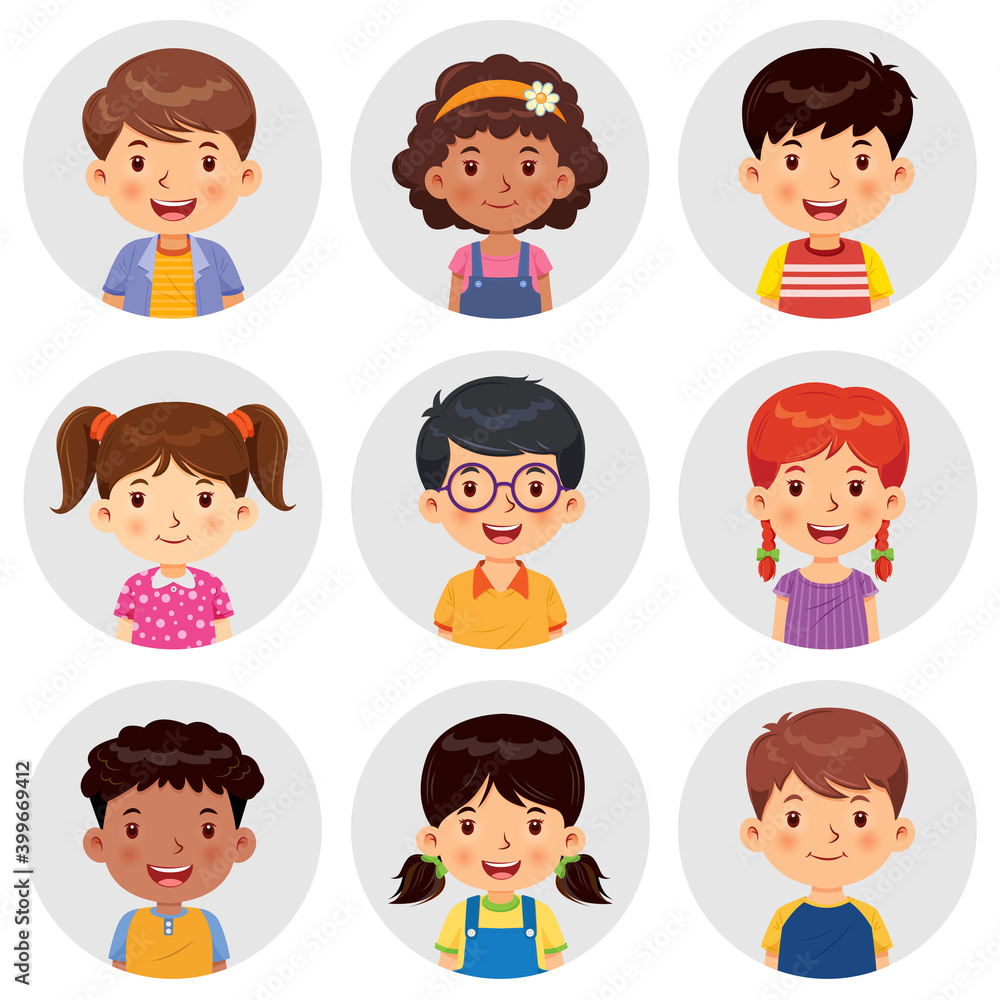 Set of different avatars of boys and girls are smiling on the gray circle flats. Set avatars portraits of boys and girls. Vector illustration Set of different avatars of boys and girls are smiling on the gray circle flats. Set avatars portraits of boys and girls. Vector illustration