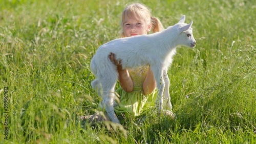 6 year old girl in the meadow with a small white goat.