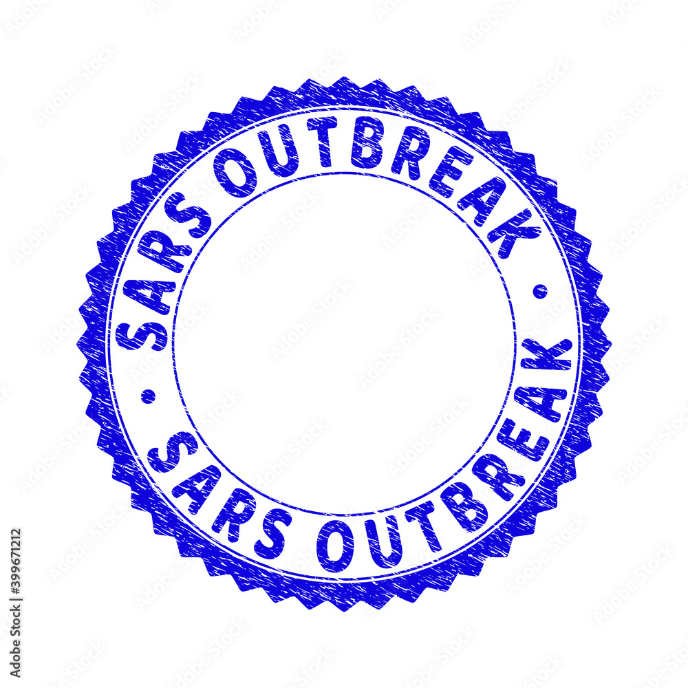 Grunge SARS OUTBREAK round rosette stamp seal. Copy space inside circle. Vector blue rubber imitation of SARS OUTBREAK label inside round rosette. Stamp seal with dirty texture. Grunge SARS OUTBREAK round rosette stamp seal. Copy space inside circle. Vector blue rubber imitation of SARS OUTBREAK label inside round rosette. Stamp seal with dirty texture.