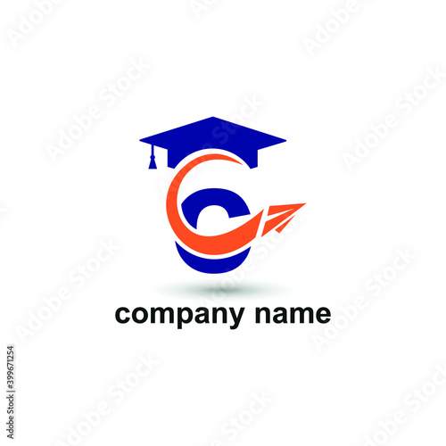 Initial letter c with toga hat graduation gown and paper plane flying around for education academy logo concept