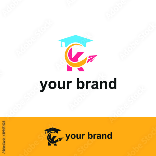 Free Download Initial letter k with toga hat graduation gown and paper plane flying around for education academy logo concept - GFXLoad