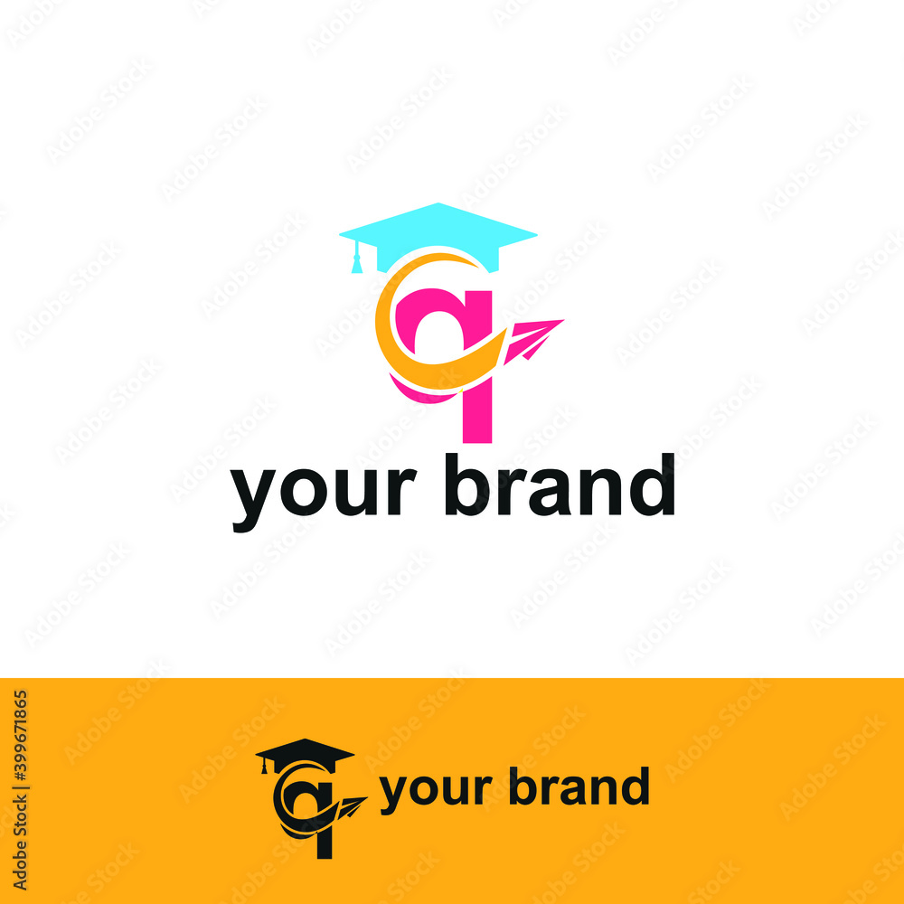 Initial letter q with toga hat graduation gown and paper plane flying around for education academy logo concept Initial letter q with toga hat graduation gown and paper plane flying around for education academy logo concept