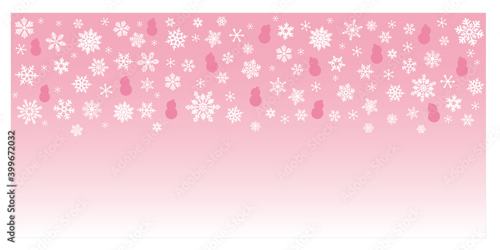 Winter Holiday concept. Decoration with snowflakes and snowman silhouette on pink gradation background. Vector illustration for banner, frame and design. 冬雪のイラスト、雪と雪だるまのシルエットイラスト Winter Holiday concept. Decoration with snowflakes and snowman silhouette on pink gradation background. Vector illustration for banner, frame and design. 冬雪のイラスト、雪と雪だるまのシルエットイラスト