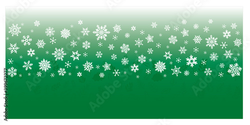 Christmas concept. Christmas decoration with snowflakes, leaves, bells and ornaments on green gradation background. Christmas illustration for banner, frame and design. スノーフレークイラスト、クリスマスイラスト