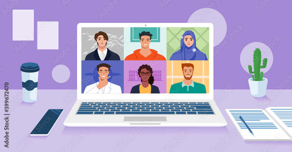Multicultural Video Conference for Online Virtual Meetings, Work from Home WFH or Anywhere Concept. Teleconference TV Webinars or Remote Team Working. Vector Illustration in Flat Design Cartoon Style.
