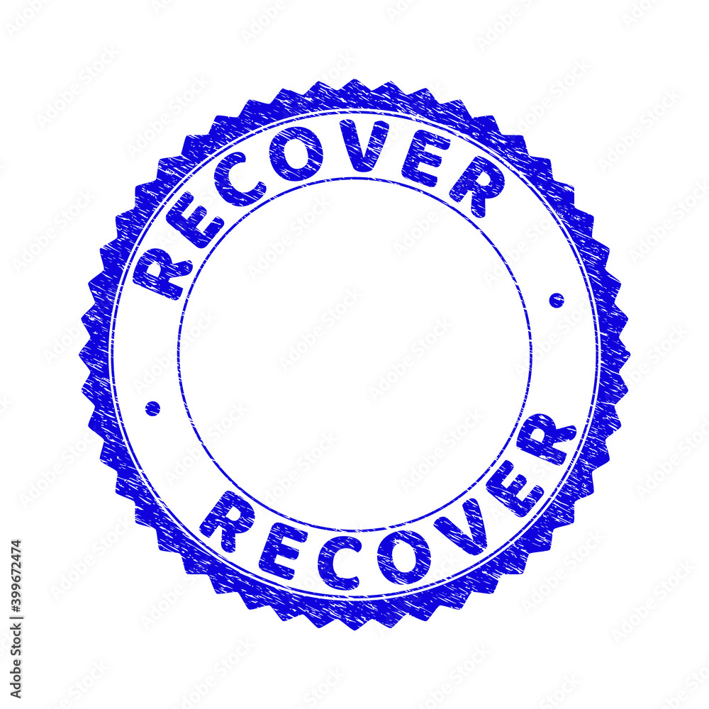 Grunge RECOVER round rosette stamp seal. Copy space inside circle. Vector blue rubber imprint of RECOVER title inside round rosette. Stamp seal with corroded texture. Grunge RECOVER round rosette stamp seal. Copy space inside circle. Vector blue rubber imprint of RECOVER title inside round rosette. Stamp seal with corroded texture.