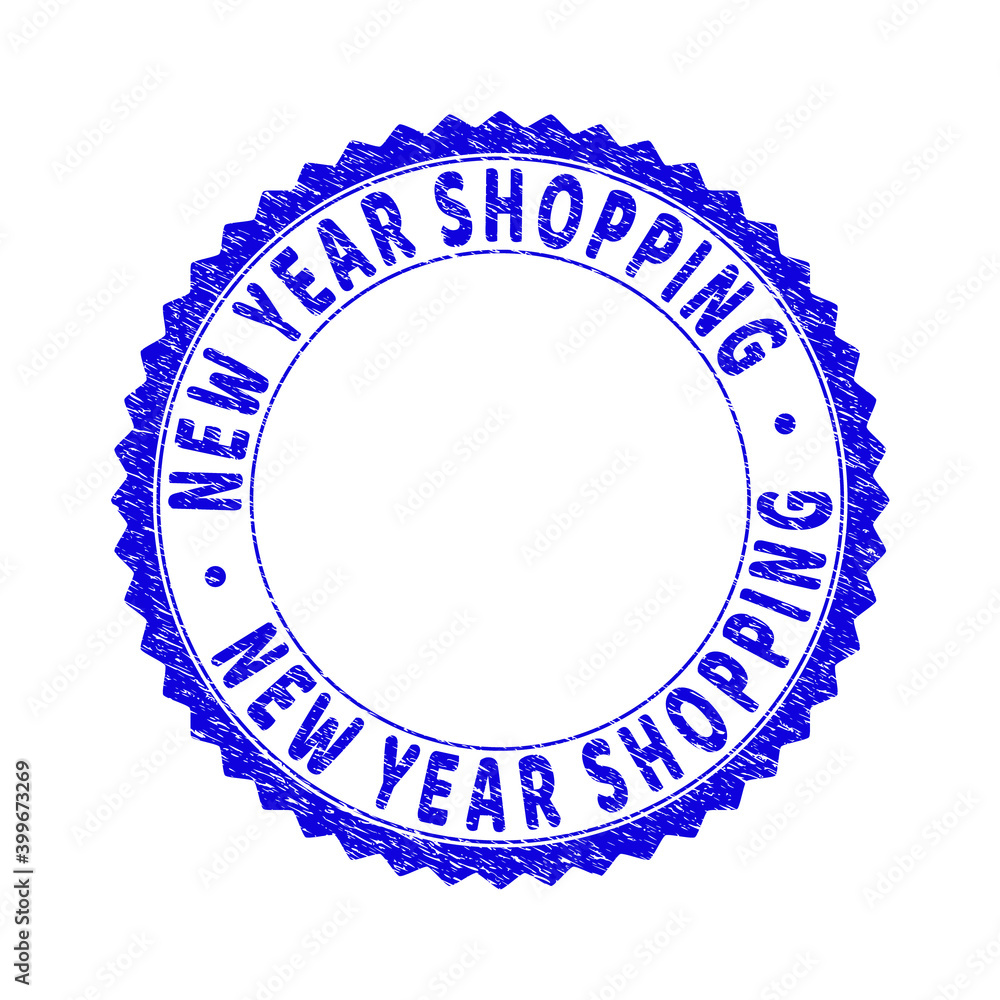 Grunge NEW YEAR SHOPPING round rosette stamp seal. Empty space inside circle. Vector blue rubber imitation of NEW YEAR SHOPPING tag inside round rosette. Stamp seal with dust texture. Grunge NEW YEAR SHOPPING round rosette stamp seal. Empty space inside circle. Vector blue rubber imitation of NEW YEAR SHOPPING tag inside round rosette. Stamp seal with dust texture.