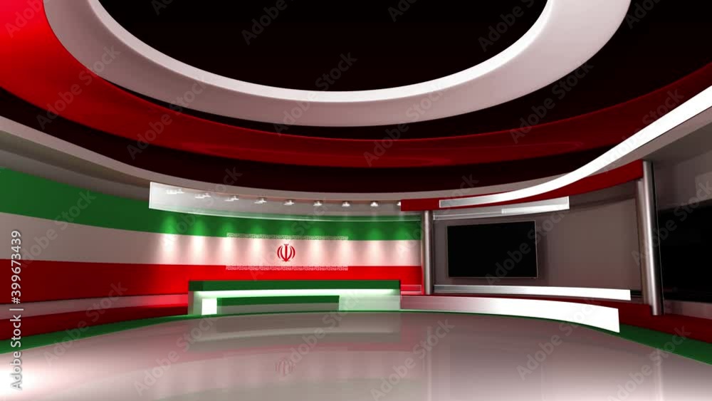 TV studio. Iran. Iranian flag. News studio. Loop animation. Background for any green screen or chroma key video production. 3d render. 3d TV studio. Iran. Iranian flag. News studio. Loop animation. Background for any green screen or chroma key video production. 3d render. 3d