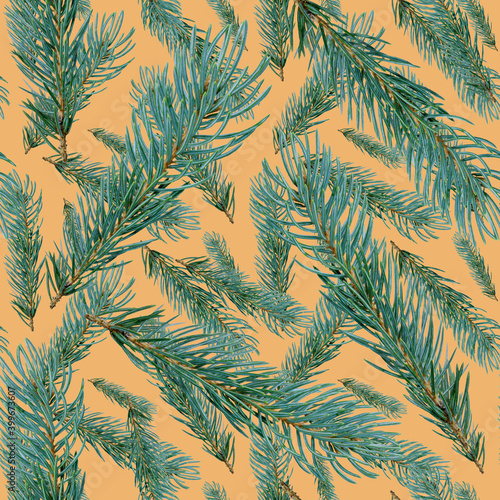 Seamless winter pattern of fluffy fir branches on yellow background