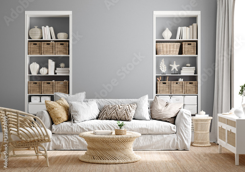 Fototapeta Cozy grey living room interior with coastal furniture, 3d render