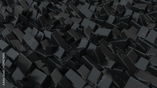 Abstract background with black cubes, geometric low-poly installation. Geometric bricks shapes with rounded edges. Modern background template for documents, reports and presentations. 3d rendering