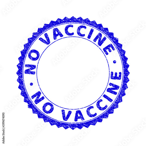 Grunge NO VACCINE round rosette stamp seal. Empty space inside circle. Vector blue rubber imitation of NO VACCINE text inside round rosette. Stamp seal with grunge texture.