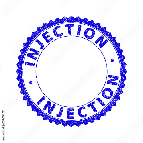 Grunge INJECTION round rosette stamp seal. Copy space inside circle. Vector blue rubber imitation of INJECTION label inside round rosette. Stamp seal with grunge texture.