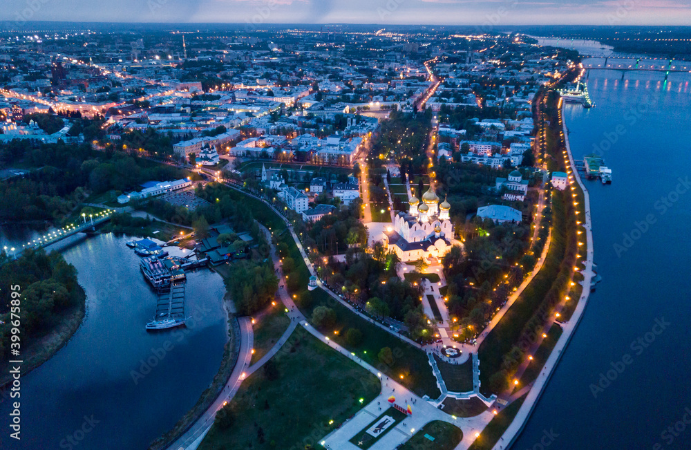 Aerial view of Assumption Cathedral at Yaroslavl in summer night. Russia