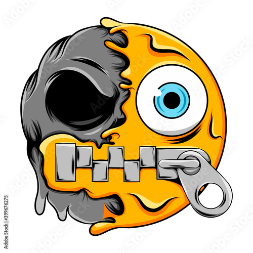 Confused expression with mouth locked changes to dark angry skull emoticon