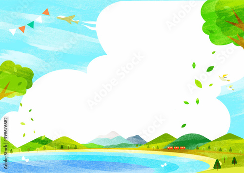 春のお出かけ背景イラスト　新緑の海岸線　水彩テクスチャ