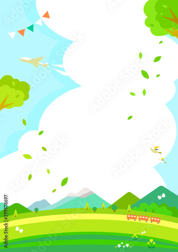 春のお出かけ背景イラスト　新緑の高原