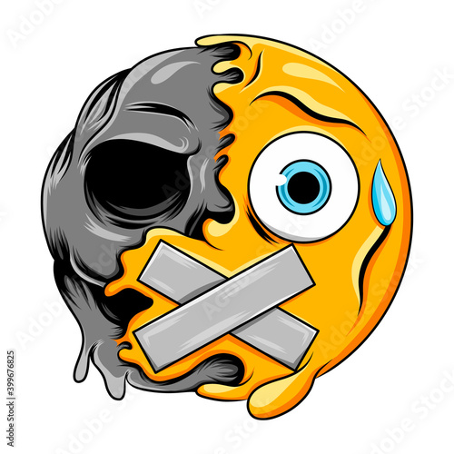 A sweat drop face expression with closed mouth changes to dark scary skull emoticon