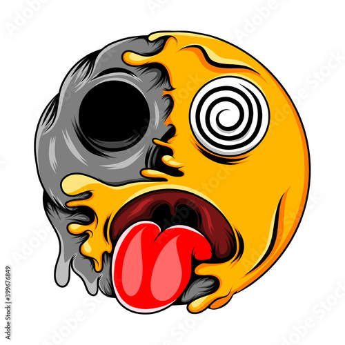 A confused expression with tongue sticking out the front changes to death skull emoticon