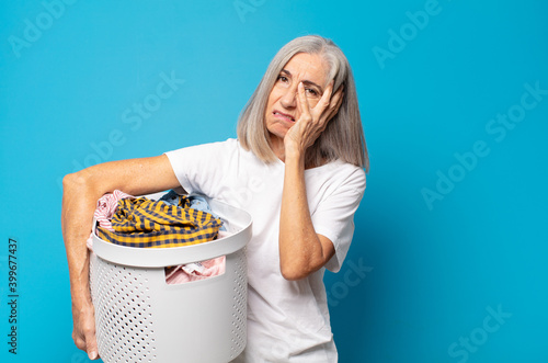 Photography middle age woman feeling bored, frustrated and sleepy after a tiresome, dull and
