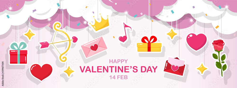 Happy Valentine's Day banner decorated clouds with hanging love symbols, gifts, hearts, roses, confetti, and stars shine isolated on pink background. Cute cartoon paper cut style. Vector illustration.
