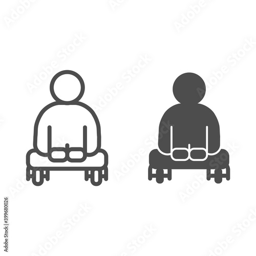 Man without legs sitting wheelchair line and solid icon, disability concept, guy with physical disabilities sign on white background, man sitting in wheelchair icon in outline style. Vector graphics.