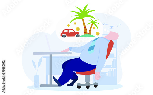 Businessman employee sleeping and dreaming want to vacation and holiday flat illustration