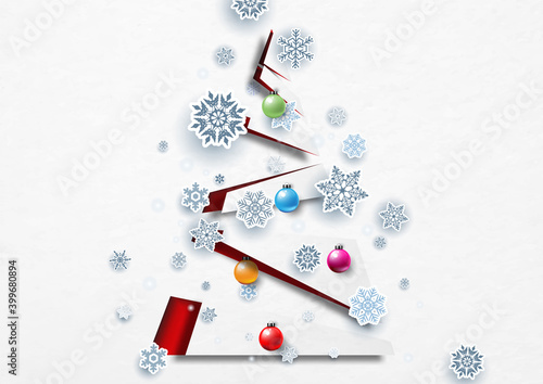 Snowflake with Christmas balls on modern and abstract Christmas tree in paper cut style on white paper pattern background
