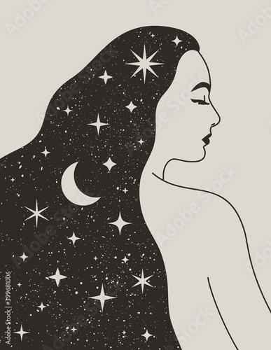 Photo Mystical Woman with the Moon and the Stars in her Hair in a Trendy Boho Style