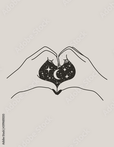 Mystical Female Hand Heart with Moon and Stars in Trendy Boho Style. Vector Palm Icon for wall print, t-shirt, tattoo Design, for social media post and stories