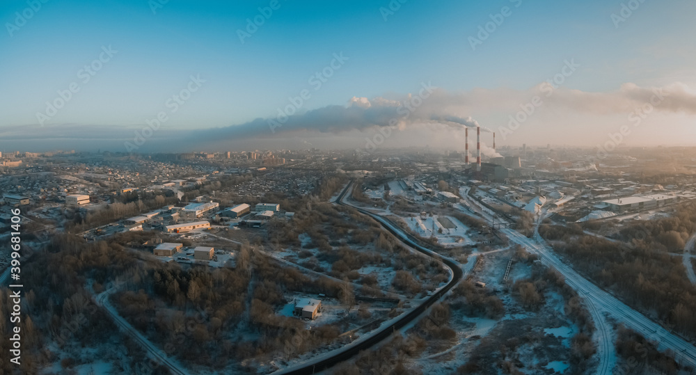 panoramic view of the thermal power plant on a frosty sunny day