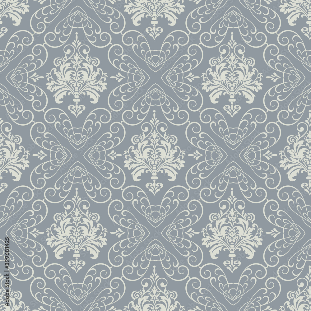 Vintage damask wallpaper, seamless pattern. Silver gray color. Perfect for fabrics, covers, patterns, posters, interior design or wallpaper. Vector background