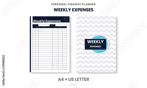 Minimalist Personal Finance planner Weekly Expenses pages template vector paper A4 and US Letter Ai, EPS 10 File

