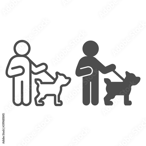 Blind man with dog line and solid icon, disability concept, Blind man on a walk and a guide dog sign on white background, blind man and the guide dog icon in outline style. Vector graphics.