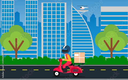 delivery motorcycle on the road in the city in flat design