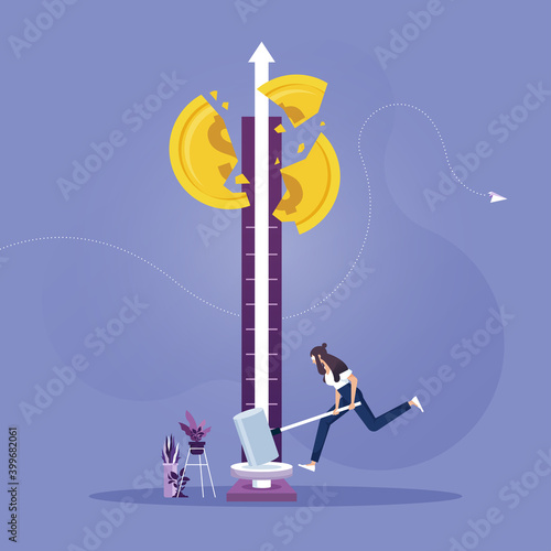 Business growing and target concept-Achievement goals with strategy, Businesswoman hitting a success tester machine with a hammer to dollar coin