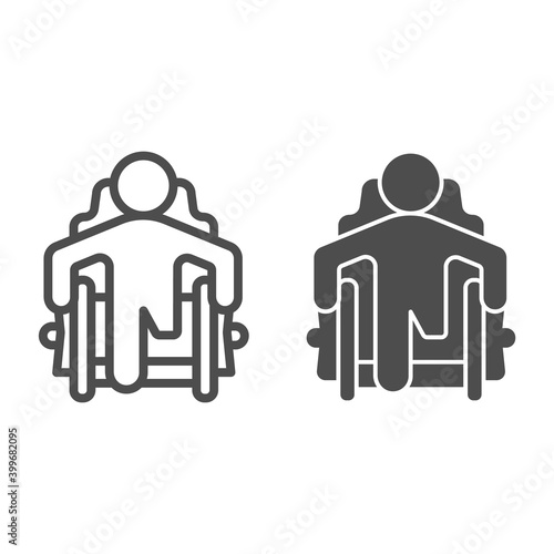 Man without leg wheelchair line and solid icon, disability concept, disabled man sitting wheelchair without leg sign on white background, wheelchair disabled icon in outline style. Vector graphics.