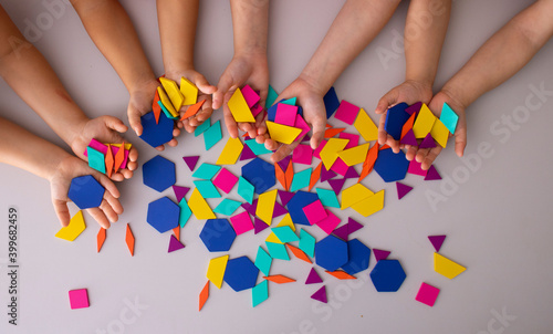 Happy group of children making handmade, flat lay