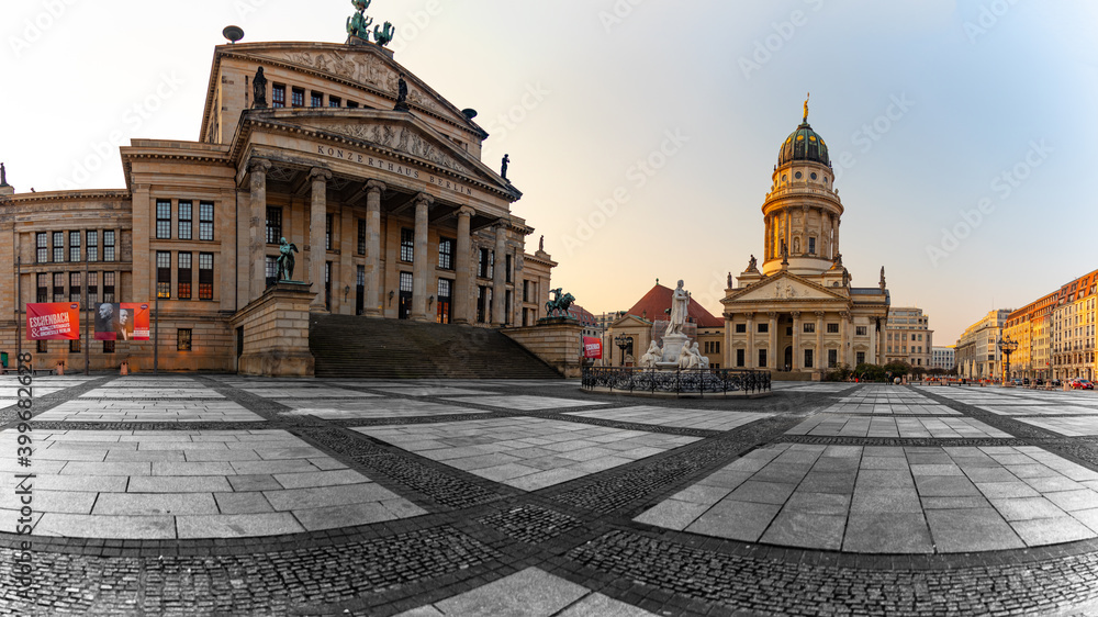 Artwork empty Gendarmenmarkt Berlin with view of French Cathedral and Opera at Corona Pandemic