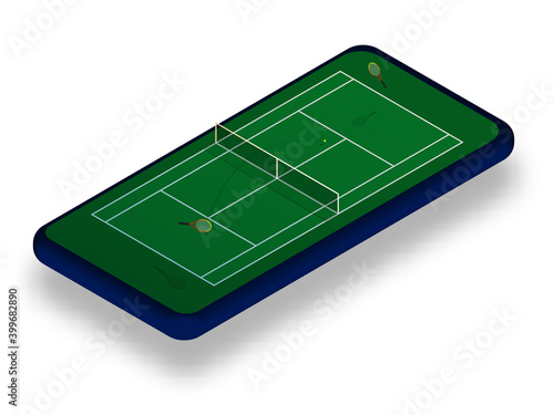 sports tennis court with rackets and ball on smartphone screen. Online games, modern technologies in sports and entertainment industry. Ismetric vector