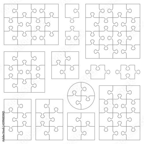 Jigsaw puzzle templates and pieces collection of various shapes and dimensions. Classic style, accurate, transparent (for vectors). 
