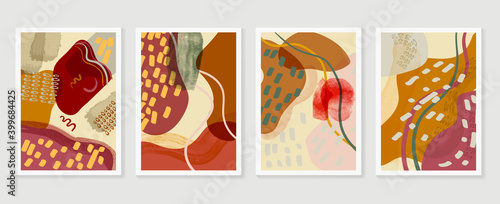 Abstract wall arts vector collection.  Earth tones organic shape Art brush design for wall framed prints, canvas prints, poster, home decor, cover, wallpaper. Vector illustration